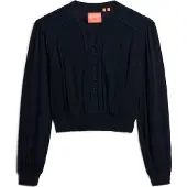 Superdry pour femme. W6011796A Blouse marine avec smocks et bordure en dentelle (M), Casuel, Coton, Manche longue