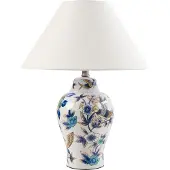 Beliani Lampe de table blanc bleu base en porcelaine abat-jour en lin motif floral éclairage élégant