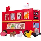 Bigjigs - Bus rouge avec des animaux en bois à encastrer - 21 pièces