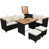 vidaXL Ensemble de salon de jardin 7 pièces avec coussins Poly rotin noir