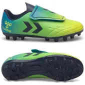 Hummel Chaussures de football Hattrick MG JR à fermeture velcro, vert/bleu/noir 217580-5031, pointure : 34 EU