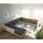 DELIFE Canapé-panoramique Clovis XXL blanc noir avec tabouret poufs droite