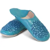 Safaary Chaussons marocains en cuir bleu clair à paillettes