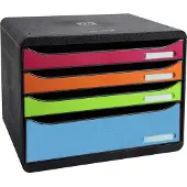 Exacompta Bloc à tiroirs BIG-BOX PLUS HORIZON QUER, A4+, 4 tiroirs semi-ouverts, butée coulissante/poignée recess/porte-étiquettes, étiquettes, Ange Bleu, noir-harlequin