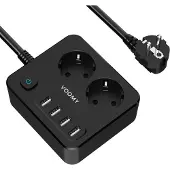 Voomy Prise multiple 6 en 1 avec USB - 2-fois & 4 USB-A - Prise multiple compacte avec interrupteur - câble de 2M - 4000W - Prise de distribution avec protection contre les surtensions - Noir