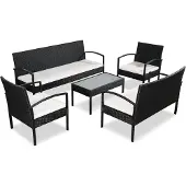 vidaXL Ensemble de salon de jardin 5 pièces avec coussins Poly rotin noir