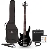 Gear4Music Chicago Left Handed Bass Guitar Black 15W Bass Amp & Accessory Pack