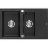 Mexen Gaspar évier 1,5 bac en granit avec égouttoir court 737 x 475 mm, Noir/Métal argenté - 6507731505-73