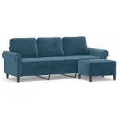 vidaXL Canapé 3 places avec pouf bleu 180 cm velours