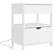 SoBuy Table de chevet blanche 2 tiroirs avec prise