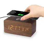 INF Réveil numérique LED avec chargement sans fil Marron
