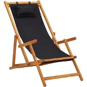 vidaXL Chaise de plage pliante en bois massif d'eucalyptus et tissu noir