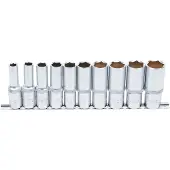 Bgs Jeu 10 douilles longue 6 pans 3/8" - 15/16" carré 12.5 mm 1/2" sur rail métal