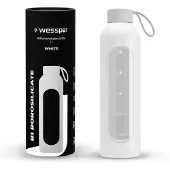 Wessper bouteille en verre avec manchon en silicone, bouteille d'eau avec marqueurs de temps, bouteille de motivation, bouteille d'eau en verre transparent 1 l - blanc