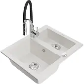 Mexen Évier Carlos en granit 1,5 avec mélangeur Aster, blanc (6518-20-73450-07)