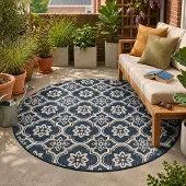 FRAAI Tapis d’extérieur rond – Rio Flower Bleu | Ø 160 cm | Rond | Tissage plat
