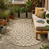 FRAAI Tapis d’extérieur rond – Rio Flower Beige | Ø 200 cm | Rond | Tissage plat