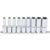 Bgs Jeu 9 douilles longues torx profil E 10 - E 24 carré 12.5 mm 1/2" sur rail métal