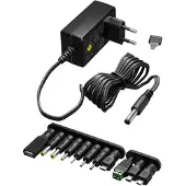 Goobay 74436 Adaptateur secteur universel (5 V - 15 V, max. 36 W / 2,4 A), noir, 1.8 m - incl. 11 adaptateurs : 7 adaptateurs DC plus USB-C, USB-A, USB Mini-B, Micro-USB et prise à visser