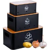 Relaxdays Lot de 3 boîtes de rangement , pommes de terre, oignons, ail, couvercle pour légumes, boîte de conservation pour la cuisine, métal, noir
