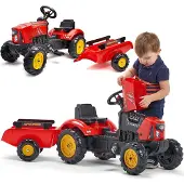 Falk Tracteur à pédales, modèle Supercharger, avec remorque et capot ouvrable, couleur rouge, pour les enfants de 2 à 5 ans