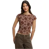 Superdry Flocked Mesh Short Sleeve Top Marron S Femme