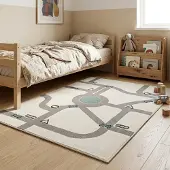 Little Olly Tapis chambre d'enfant - Bowie Highway Crème | 80x150 cm | Rectangulaire | Pile haute