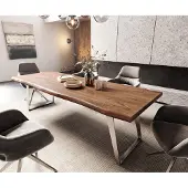 DELIFE Table-à-manger Edge 260x100cm XL acacia marron acier inoxydable argent incliné Live-Edge