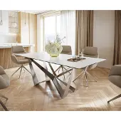 DELIFE Table-à-manger Edge 200x100cm Laminam céramique blanc pieds milieu acier plat argent