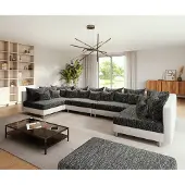 DELIFE Canapé-Panoramique Clovis XL Blanc Noir Avec Tabouret Modulable