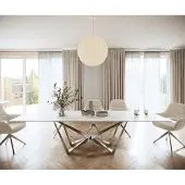 DELIFE Table-à-manger Edge 300x100cm Laminam céramique blanc pieds milieu acier plat argent