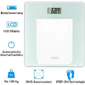 Deuba Pèse-personne numérique écran LCD 180kg système de capteurs slim moderne balance salle de bain technologie STEP-ON blanc