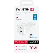 Swissten Chargeur de voyage gan 2x usb-c 20w power delivery blanc