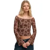 Superdry Femme Imprimé Floral En Mesh Floqué Top À Manches Longues, Marron - Taille: 36