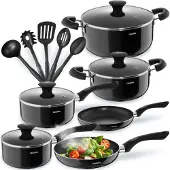 TecTake Ensemble de casseroles 15 pièces - Aluminium avec couvercles en verre - ustensiles inclus - Noir