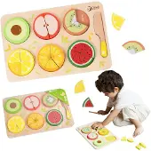Classic World Fruits en bois à découper avec des velcros + Apprentissage des fractions et de la division selon la méthode MONTESSORI, 23 pièces