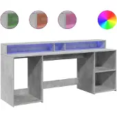 vidaXL Bureau LED gris béton 200x55x91 cm Bois composite