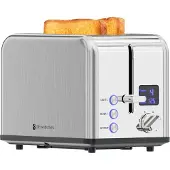 Kitchenbrothers Toaster - Grille-pain - 6 niveaux de chaleur - 2 fentes extra-larges - 815W - Acier inoxydable/Argent