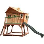 Axi Max Maison Enfant Avec Bac À Sable & Toboggan Vert | Aire De Jeux Pour L'Extérieur En Marron & Vert | Maisonnette / Cabane De Jeu En Bois