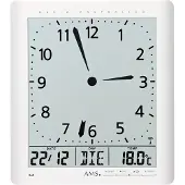AMS Horloge murale radio , mouvement radio avec affichage analogique de l'heure et affichage numérique de l'heure, de la date, du jour et de la température, 21x24x3cm, 5896