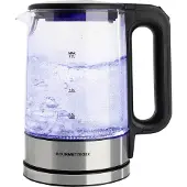 DS Produkte Bouilloire en verre GOURMETmaxx au design intemporel en acier inoxydable Éclairage LED bleu Affichage pratique du niveau d'eau Filtre anticalcaire Capacité 1,7l