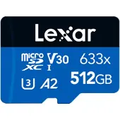 Lexar High-Performance 633x UHS-I MicroSDXC, 512 Go, mémoire flash classe 10, noir/bleu, classe : A2 V30 U3, 70 Mo/s, 100 Mo/s