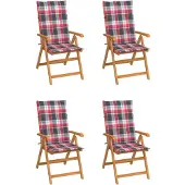 vidaXL Chaises de jardin 4 pcs. Coussins rouges à motifs écossais Teck massif