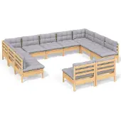 vidaXL ensemble salon de jardin 11 pièces avec coussins gris pin massif