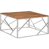 vidaXL Table basse argentée Acier inoxydable et bois massif d'acacia