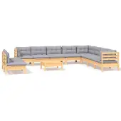 vidaXL ensemble salon de jardin 11 pièces avec coussins gris pin massif