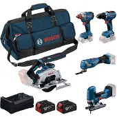 Bosch Kit 5 outils 18V - GSR 18V-65 + GDX 18V-285 + GKS 18V-57-2 + GOP 18V-34 + GST 18V-125 S + 2 x 5,0 Ah + GAL 12V/18V-80 + Sac - - 0615A500BV