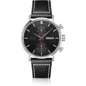 HUGO #Takeoff Montre à cadran noir et bracelet en cuir surpiqué