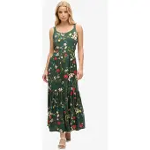 Superdry pour femme. W8011725A Robe longue à étage en tissu vert (S), Casuel, Viscose, Sans manches / bretelles