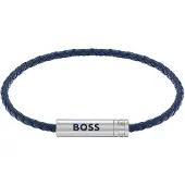 BOSS Bracelet tressé en cuir bleu avec plaquette logo